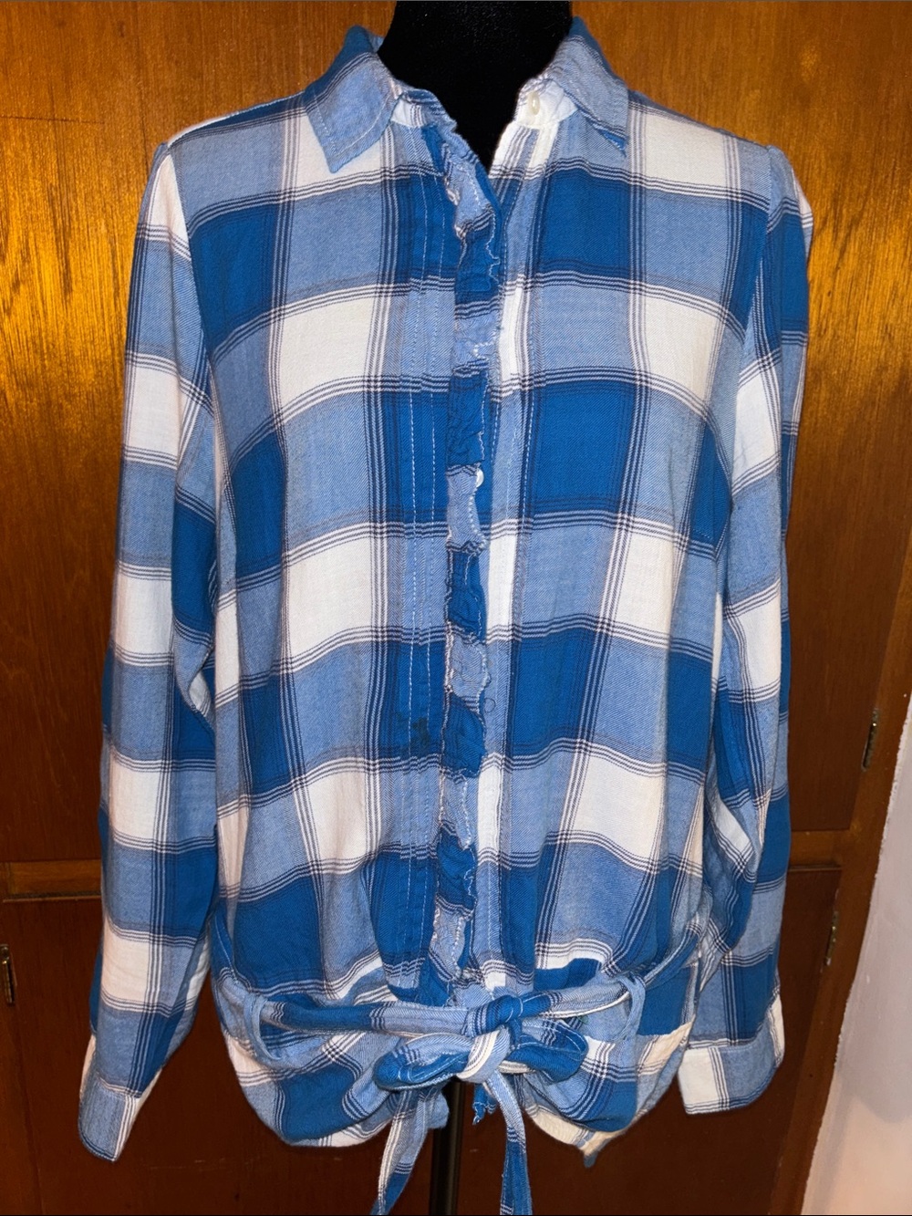 American Eagle Outfitters Blue Plaid Tie-Front Button-Up Shirt SZ 12